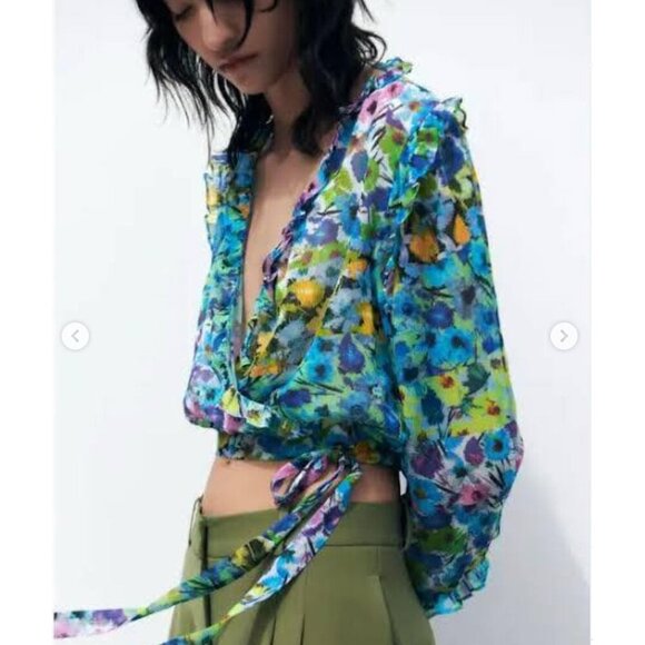 Zara Size XS Floral Print Sheer Faux Wrap Top Long Sleeves Ruffle Trim - Picture 2 of 7